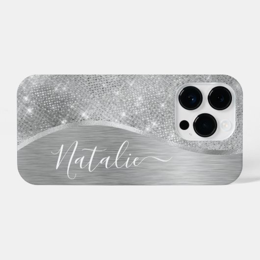 Silver Glitter Glam Bling Personalized Metallic iPhone Hoesje (Achterkant horizontaal)