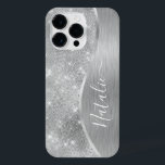 Silver Glitter Glam Bling Personalized Metallic iPhone 14 Pro Max Hoesje<br><div class="desc">Pas deze zilveren geborstelde metalen en glamoureuze faux glitter-patterned-telefoonbehuizing eenvoudig aan met uw eigen aangepaste naam.</div>