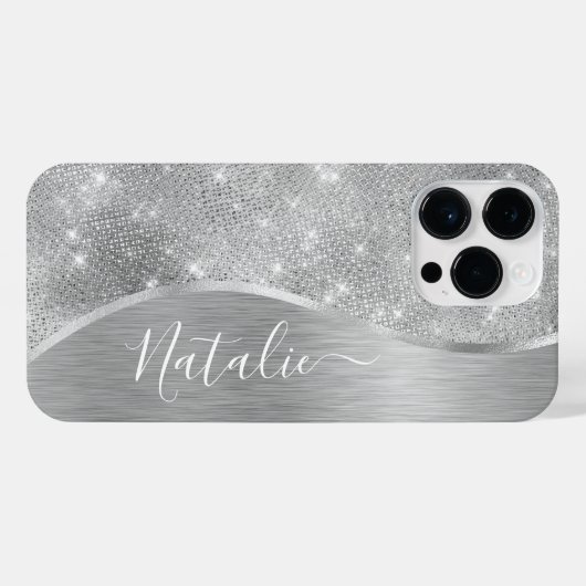 Silver Glitter Glam Bling Personalized Metallic iPhone Hoesje (Achterkant horizontaal)