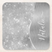 Silver Glitter Glam Bling Personalized Metallic Kartonnen Onderzetters (Voorkant)