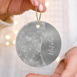 Silver Glitter Glam Bling Personalized Metallic Keramisch Ornament