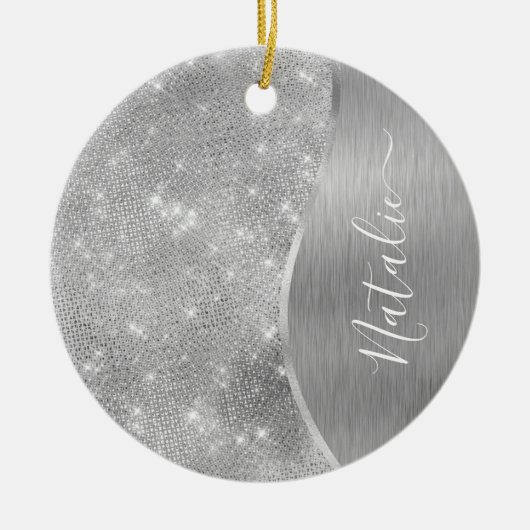 Silver Glitter Glam Bling Personalized Metallic Keramisch Ornament (Voorkant)