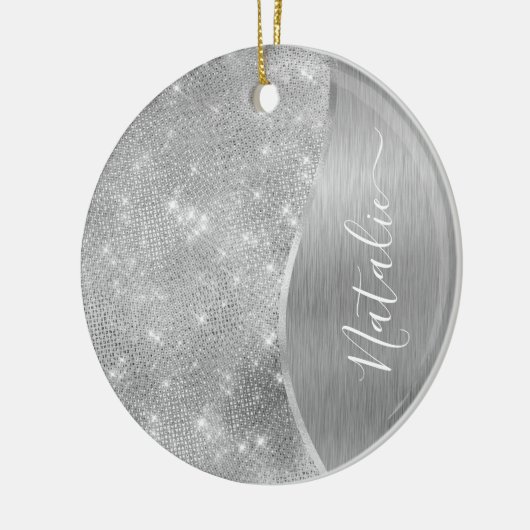 Silver Glitter Glam Bling Personalized Metallic Keramisch Ornament (Links)