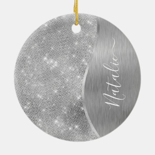 Silver Glitter Glam Bling Personalized Metallic Keramisch Ornament (Achterkant)