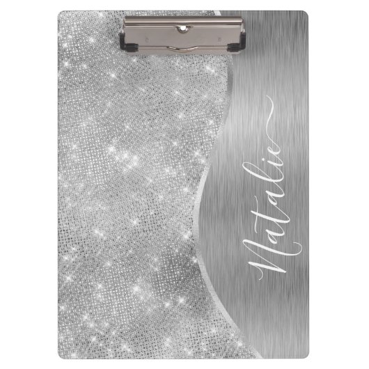 Silver Glitter Glam Bling Personalized Metallic Klembord (Voorkant)