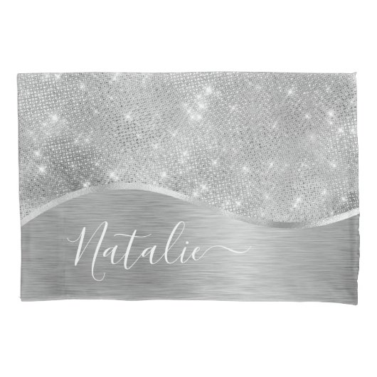 Silver Glitter Glam Bling Personalized Metallic Kussensloop (Voorkant)