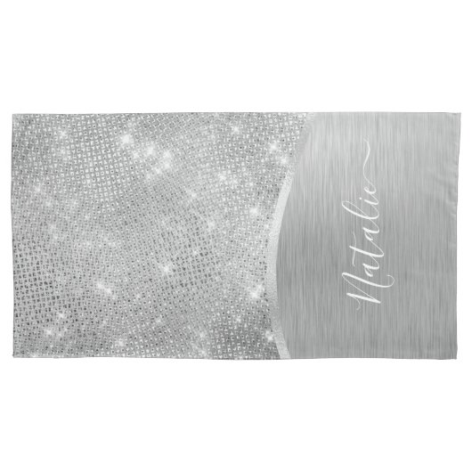 Silver Glitter Glam Bling Personalized Metallic Kussensloop (Voorkant)