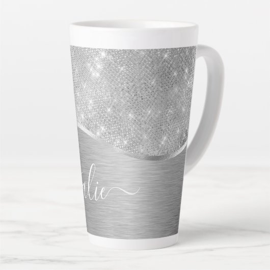 Silver Glitter Glam Bling Personalized Metallic Latte Mok (Rechterhoek)