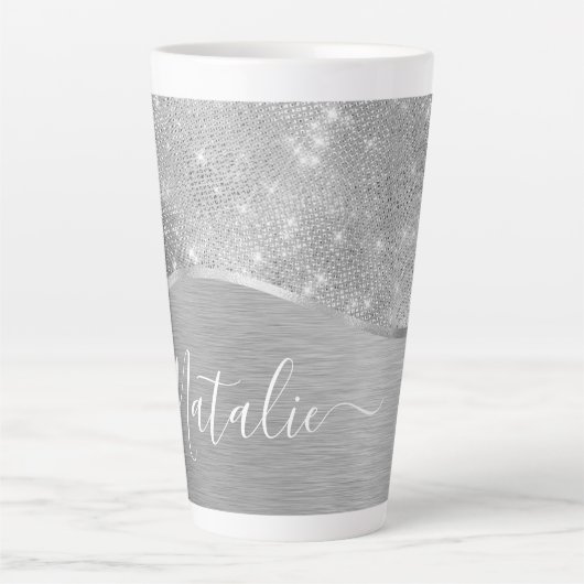 Silver Glitter Glam Bling Personalized Metallic Latte Mok (Voorkant)