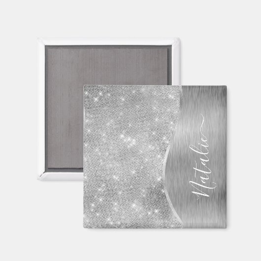 Silver Glitter Glam Bling Personalized Metallic Magneet (Voorkant / Achterkant)