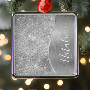 Silver Glitter Glam Bling Personalized Metallic Metalen Ornament