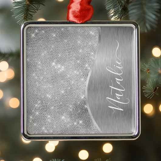 Silver Glitter Glam Bling Personalized Metallic Metalen Ornament