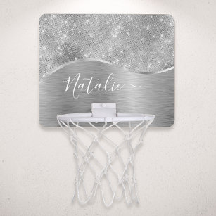 Silver Glitter Glam Bling Personalized Metallic Mini Basketbalbord