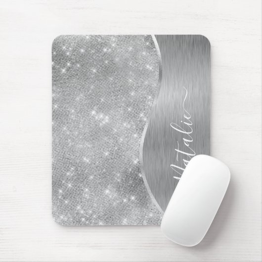 Silver Glitter Glam Bling Personalized Metallic Muismat (Met muis)