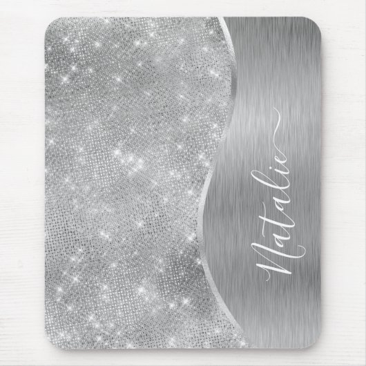Silver Glitter Glam Bling Personalized Metallic Muismat (Voorkant)