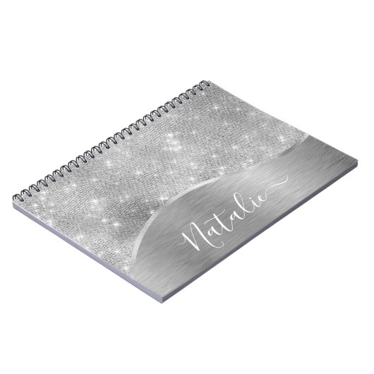 Silver Glitter Glam Bling Personalized Metallic Notitieboek (Linkerzijde)