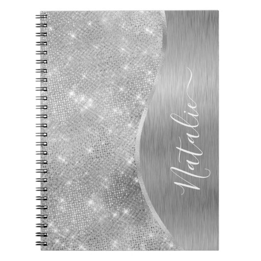 Silver Glitter Glam Bling Personalized Metallic Notitieboek (Voorkant)