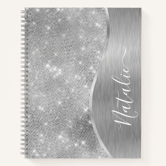 Silver Glitter Glam Bling Personalized Metallic Notitieboek (Voorkant)