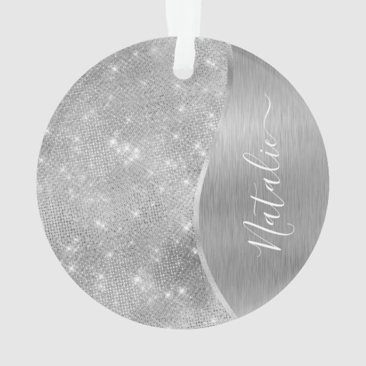 Silver Glitter Glam Bling Personalized Metallic Ornament (achterkant)