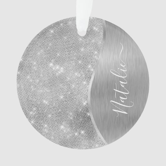 Silver Glitter Glam Bling Personalized Metallic Ornament (voorkant)