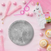 Silver Glitter Glam Bling Personalized Metallic Papieren Bordje (Feest)