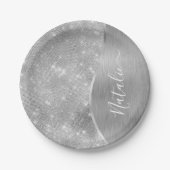 Silver Glitter Glam Bling Personalized Metallic Papieren Bordje (Voorkant)