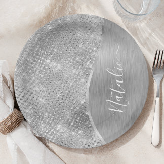 Silver Glitter Glam Bling Personalized Metallic Papieren Bordje