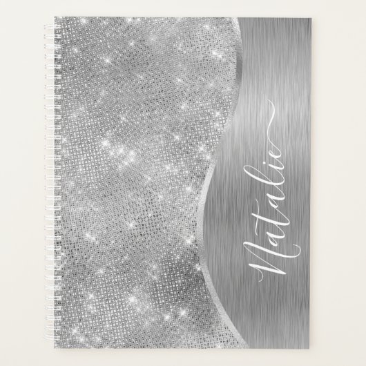 Silver Glitter Glam Bling Personalized Metallic Planner (Voorkant)