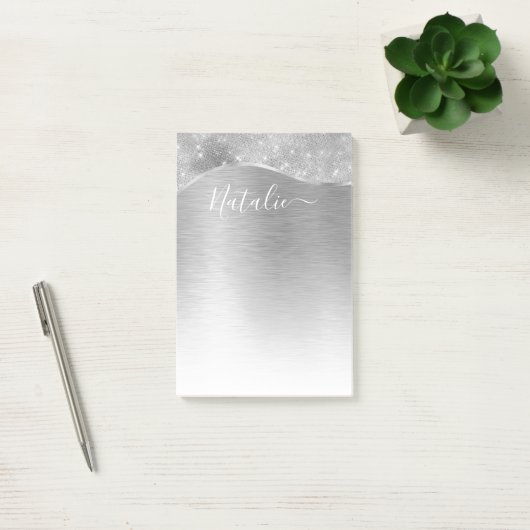 Silver Glitter Glam Bling Personalized Metallic Post-it® Notes (Kantoor)