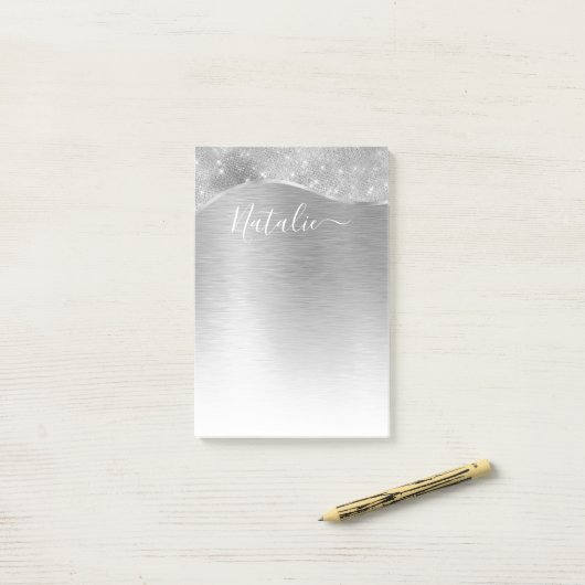 Silver Glitter Glam Bling Personalized Metallic Post-it® Notes (Op bureau)
