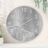 Silver Glitter Glam Bling Personalized Metallic Ronde Klok