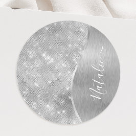 Silver Glitter Glam Bling Personalized Metallic Ronde Sticker