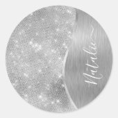 Silver Glitter Glam Bling Personalized Metallic Ronde Sticker (Voorkant)