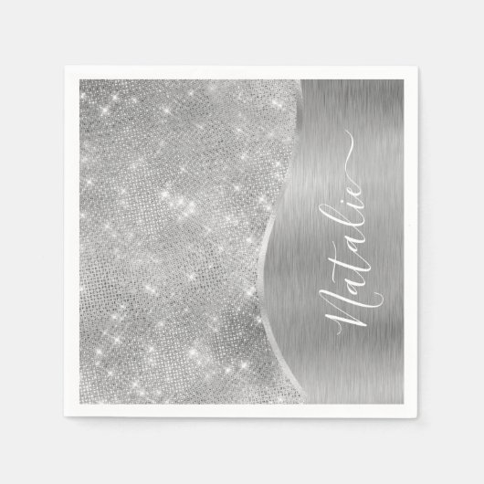 Silver Glitter Glam Bling Personalized Metallic Servet (Voorkant)