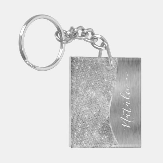 Silver Glitter Glam Bling Personalized Metallic Sleutelhanger (Voorkant Links)