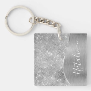 Silver Glitter Glam Bling Personalized Metallic Sleutelhanger