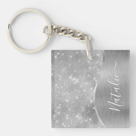 Silver Glitter Glam Bling Personalized Metallic Sleutelhanger (Voorkant)