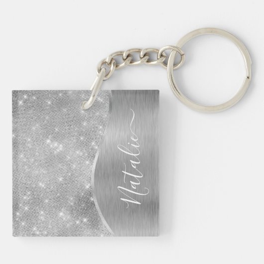 Silver Glitter Glam Bling Personalized Metallic Sleutelhanger (Achterkant)