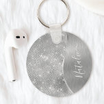 Silver Glitter Glam Bling Personalized Metallic Sleutelhanger<br><div class="desc">Pas dit zilveren geborstelde metaal en glamoureuze faux glitter-gepatterde sleutelhanger eenvoudig aan met uw eigen eigen naam.</div>