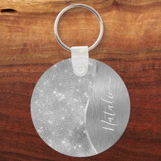Silver Glitter Glam Bling Personalized Metallic Sleutelhanger (Voorkant)