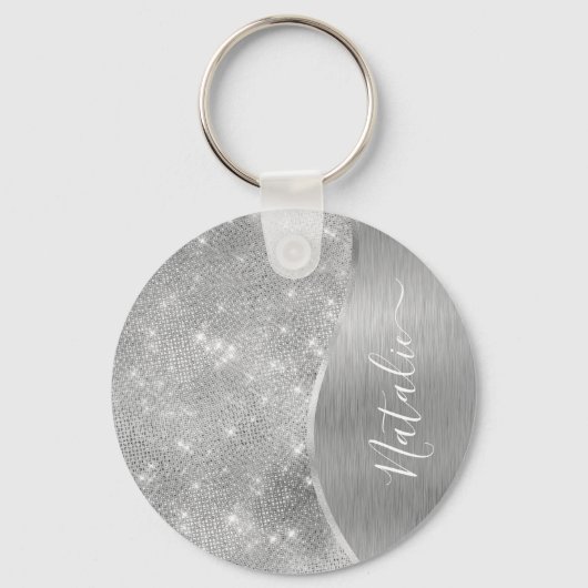 Silver Glitter Glam Bling Personalized Metallic Sleutelhanger (Achterkant)