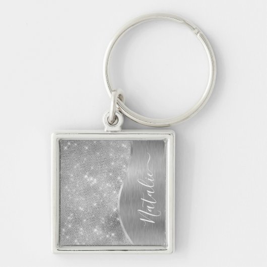 Silver Glitter Glam Bling Personalized Metallic Sleutelhanger (Voorkant)