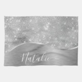 Silver Glitter Glam Bling Personalized Metallic Theedoek (Horizontaal)