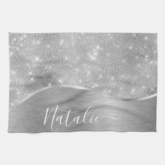 Silver Glitter Glam Bling Personalized Metallic Theedoek (Horizontaal)