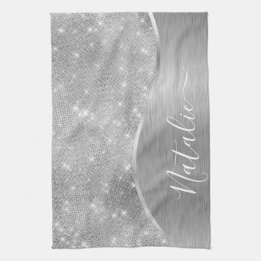 Silver Glitter Glam Bling Personalized Metallic Theedoek (Verticaal)