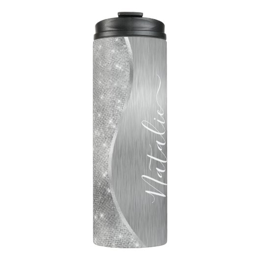 Silver Glitter Glam Bling Personalized Metallic Thermosbeker (Voorkant)