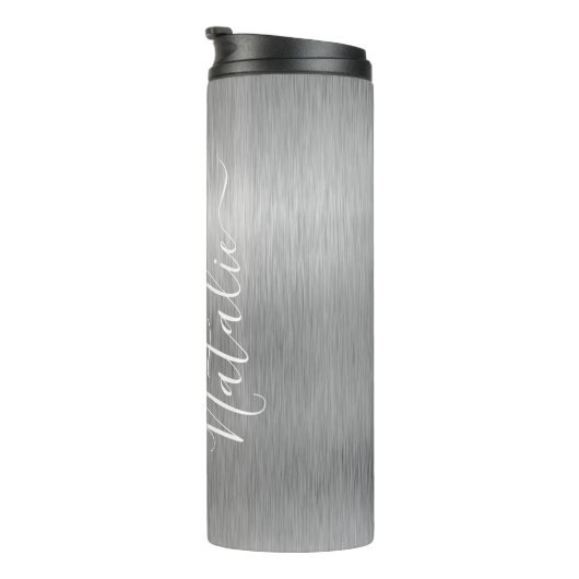 Silver Glitter Glam Bling Personalized Metallic Thermosbeker (Geroteerd rechts)