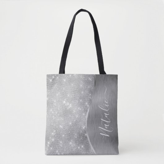 Silver Glitter Glam Bling Personalized Metallic Tote Bag (Voorkant)