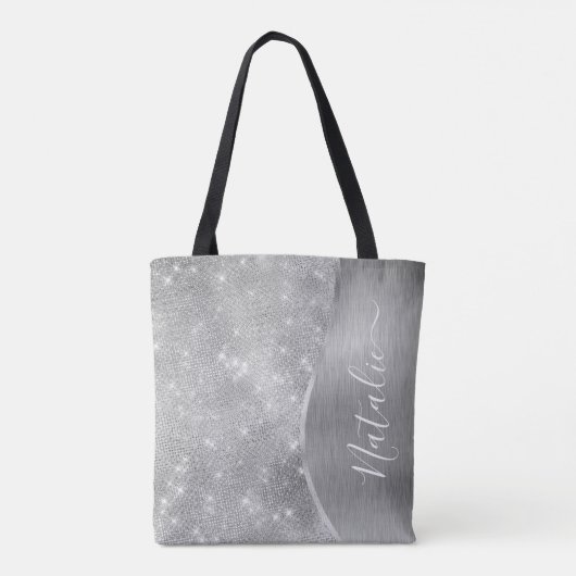 Silver Glitter Glam Bling Personalized Metallic Tote Bag (Achterkant)