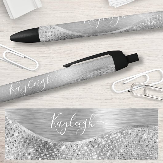 Silver Glitter Glam Bling Personalized Metallic Zwarte Inkt Pen